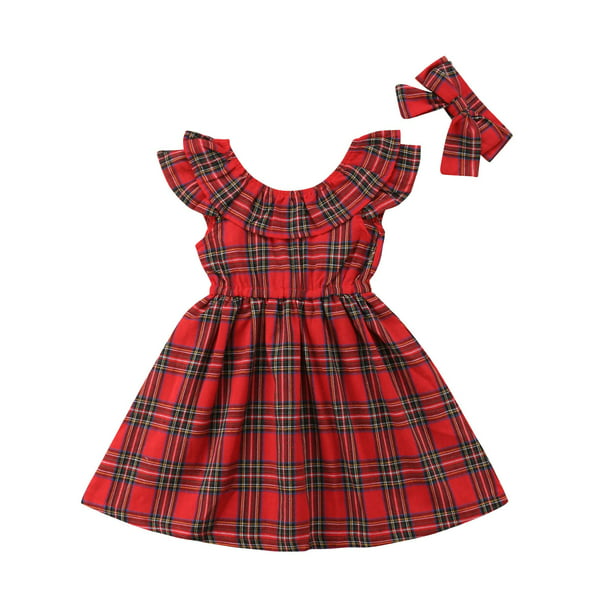 Baby Girls Plaid Tartan Printed Clothes Dress Princess Party Off-Shoulder Summer 